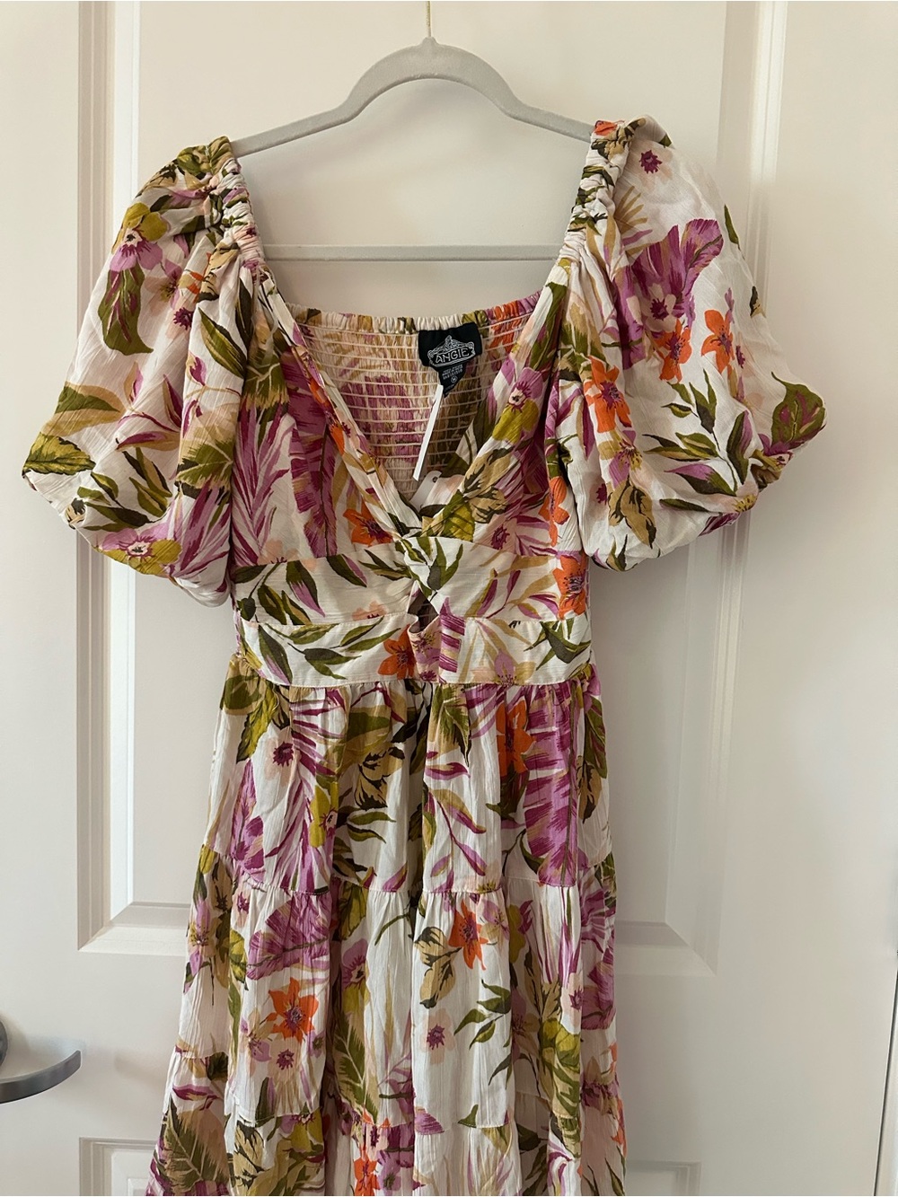 T.J.Maxx White Floral Smocked Maxi Dress with Pink & Orange Blooms